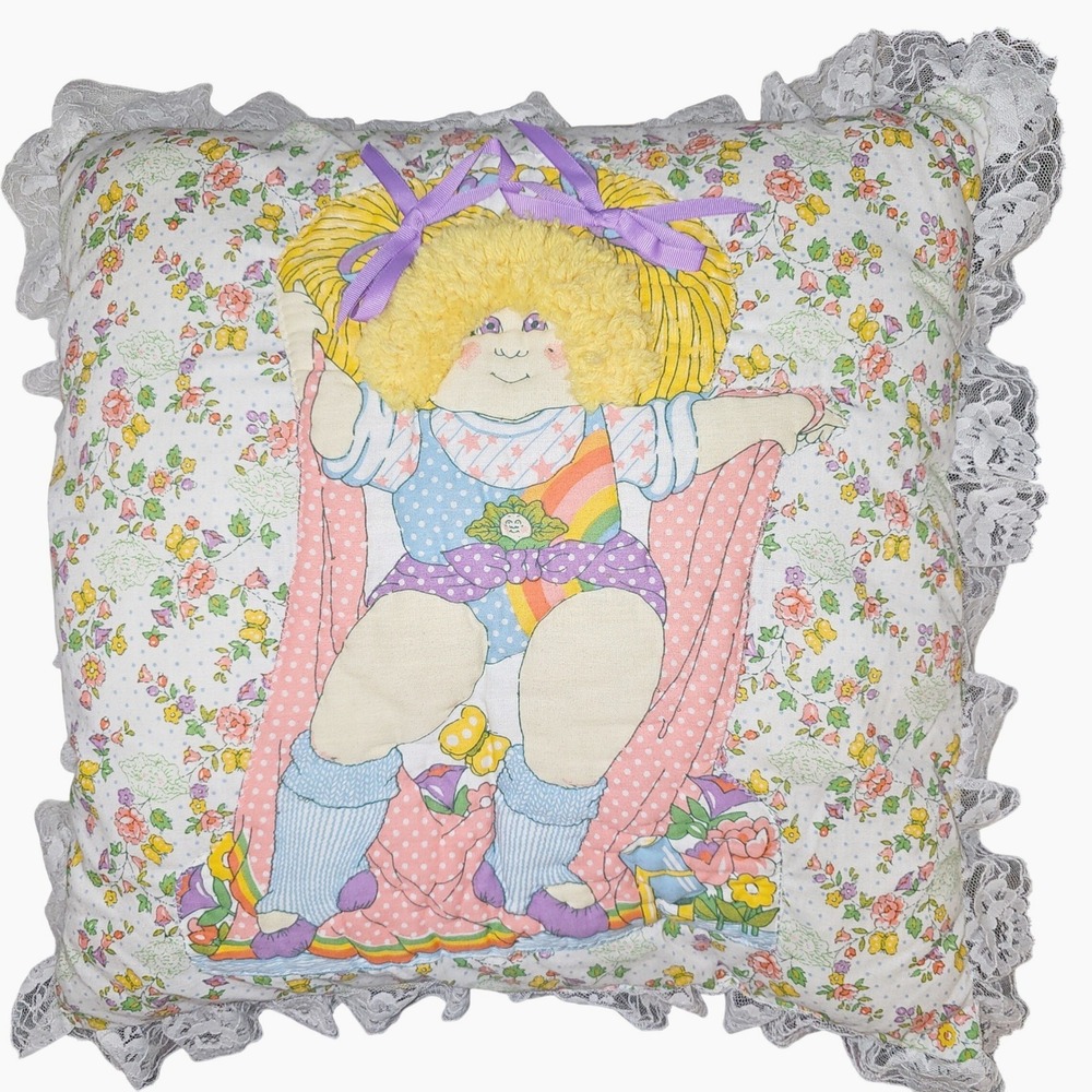 80s‎ Cabbage Patch Kids Lace Trim Throw Pillow Handmade Floral Rainbow Cottage